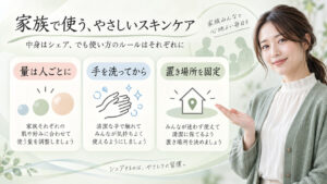家族で乳液を共用するときの量・手洗い・置き場所を示す横長Beauty Board
