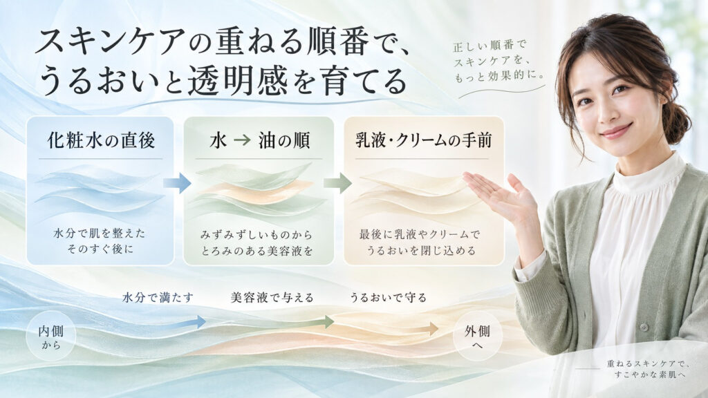 ナンバーズイン5番美容液を化粧水の直後から乳液の手前まで重ねる順番を示す横長Beauty Board