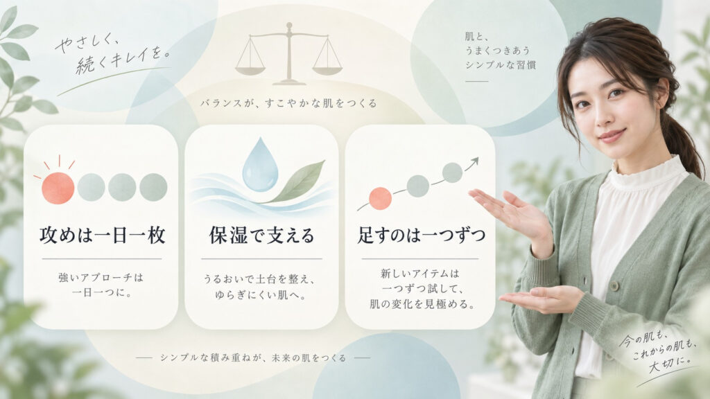 ナンバーズイン5番美容液の組み合わせで攻めを一日一枚に絞り保湿で支える方法を示す横長Beauty Board