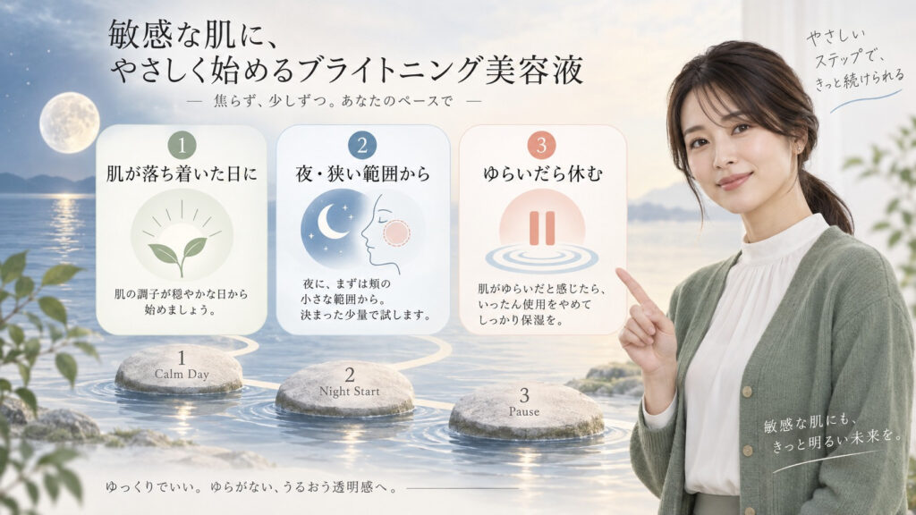 敏感肌がナンバーズイン5番美容液を落ち着いた日に狭い範囲から始める手順を示す横長Beauty Board