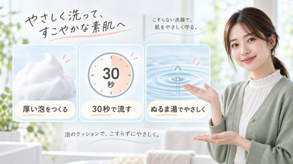 メラノCC酵素洗顔の厚い泡・30秒・ぬるま湯でやさしく流す手順を示す横長Beauty Board