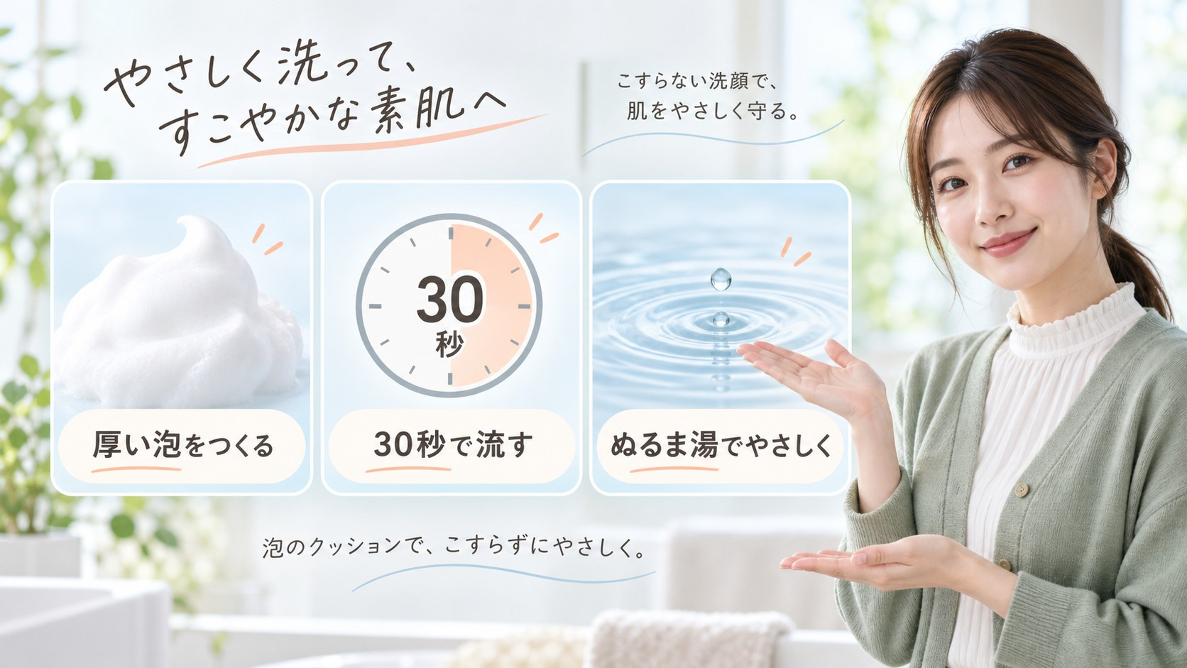 メラノCC酵素洗顔の厚い泡・30秒・ぬるま湯でやさしく流す手順を示す横長Beauty Board