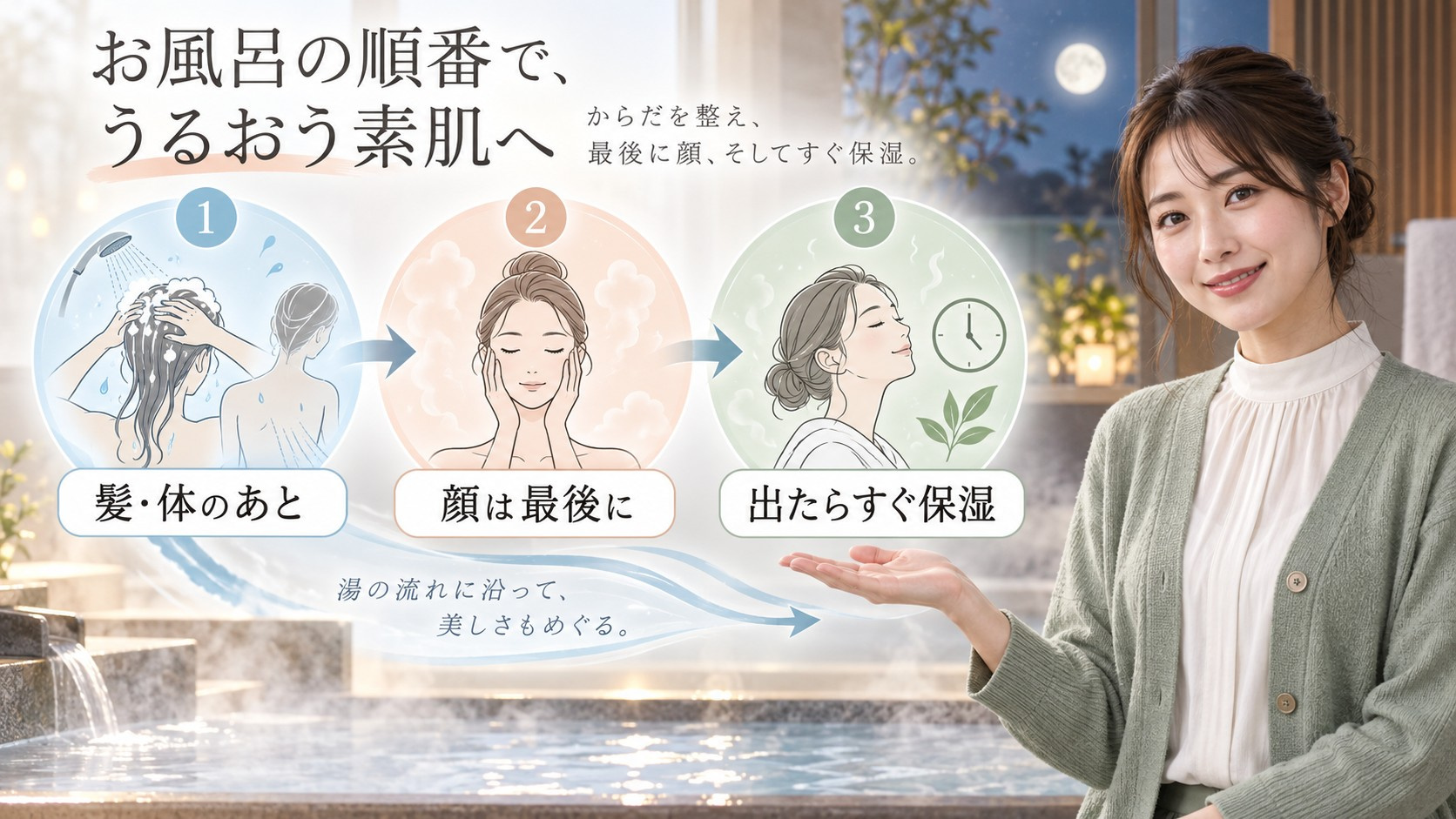 メラノCC酵素洗顔を髪と体のあと顔を最後に行い出たら保湿する順番を示す横長Beauty Board