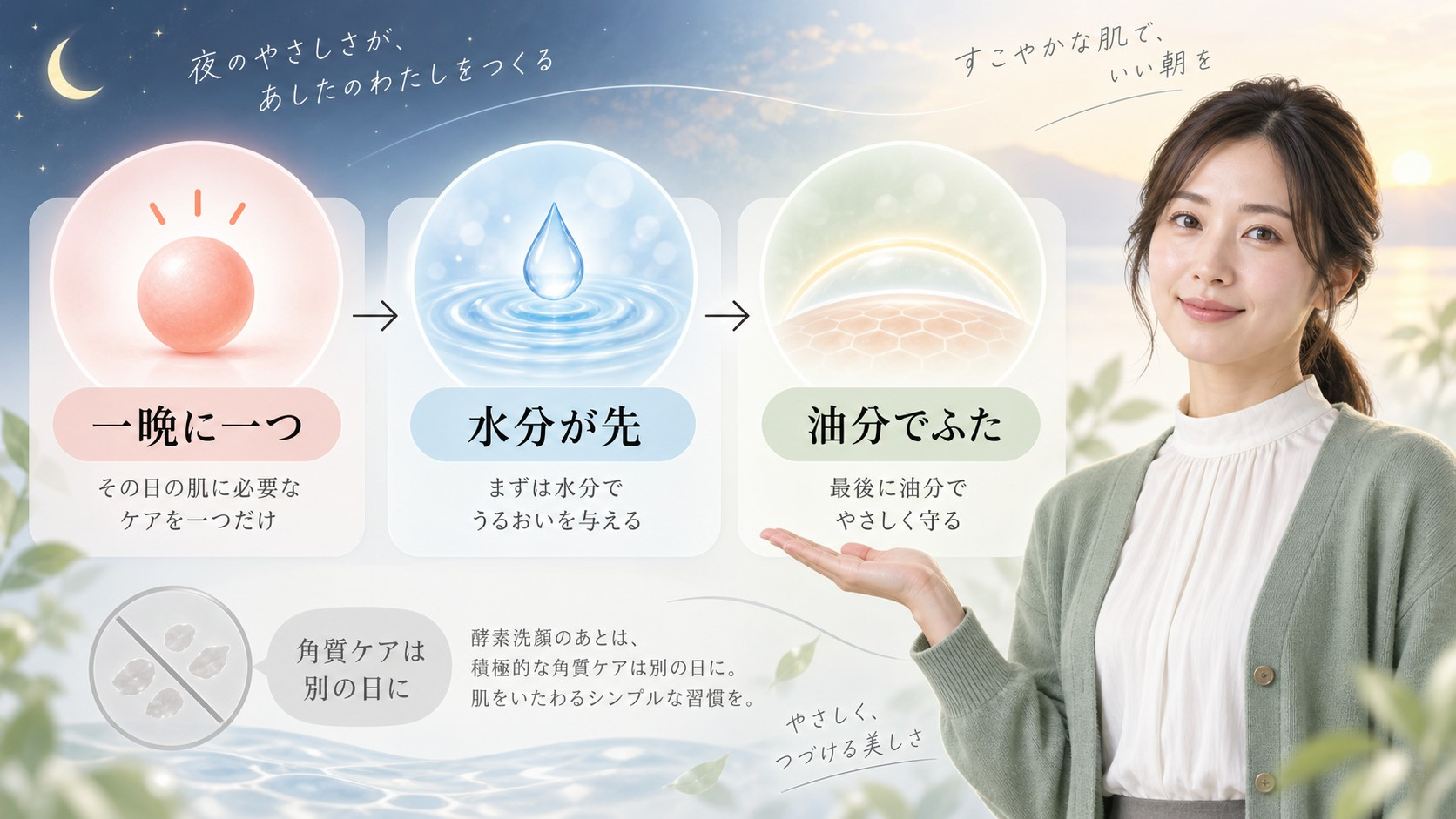 メラノCC酵素洗顔後の併用を一晩に一つ、水分が先、油分でふたと示す横長Beauty Board