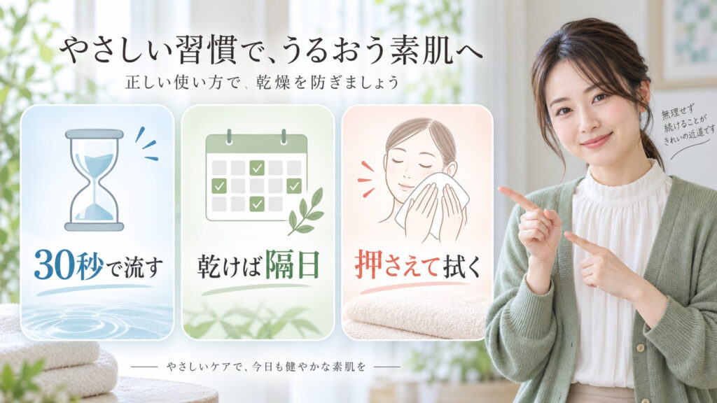 メラノCC酵素洗顔の乾燥を防ぐ30秒・隔日・押さえて拭く方法を示す横長Beauty Board