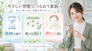 メラノCC酵素洗顔の乾燥を防ぐ30秒・隔日・押さえて拭く方法を示す横長Beauty Board