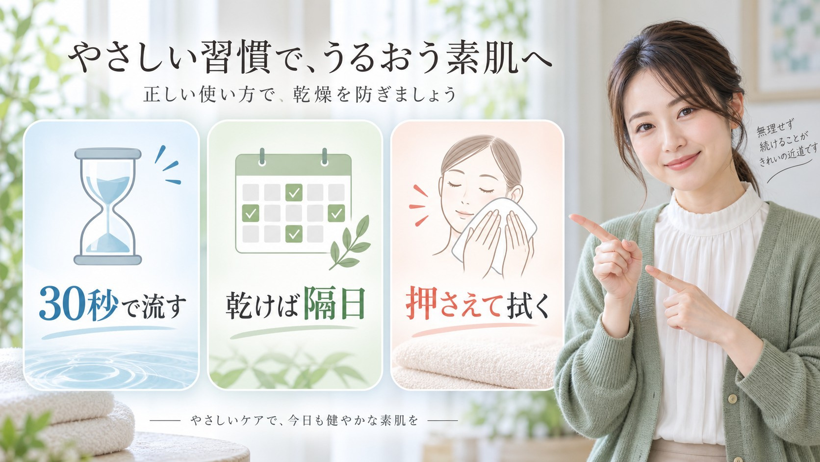 メラノCC酵素洗顔の乾燥を防ぐ30秒・隔日・押さえて拭く方法を示す横長Beauty Board