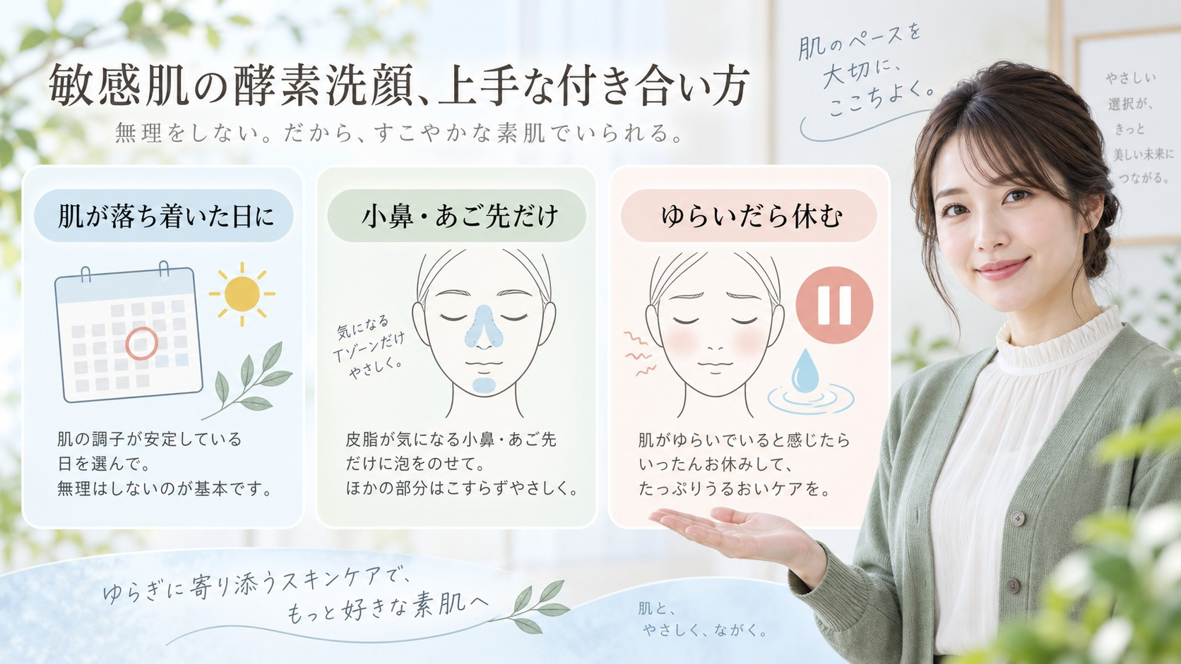 敏感肌がメラノCC酵素洗顔を落ち着いた日に小鼻とあご先だけ使う方法を示す横長Beauty Board