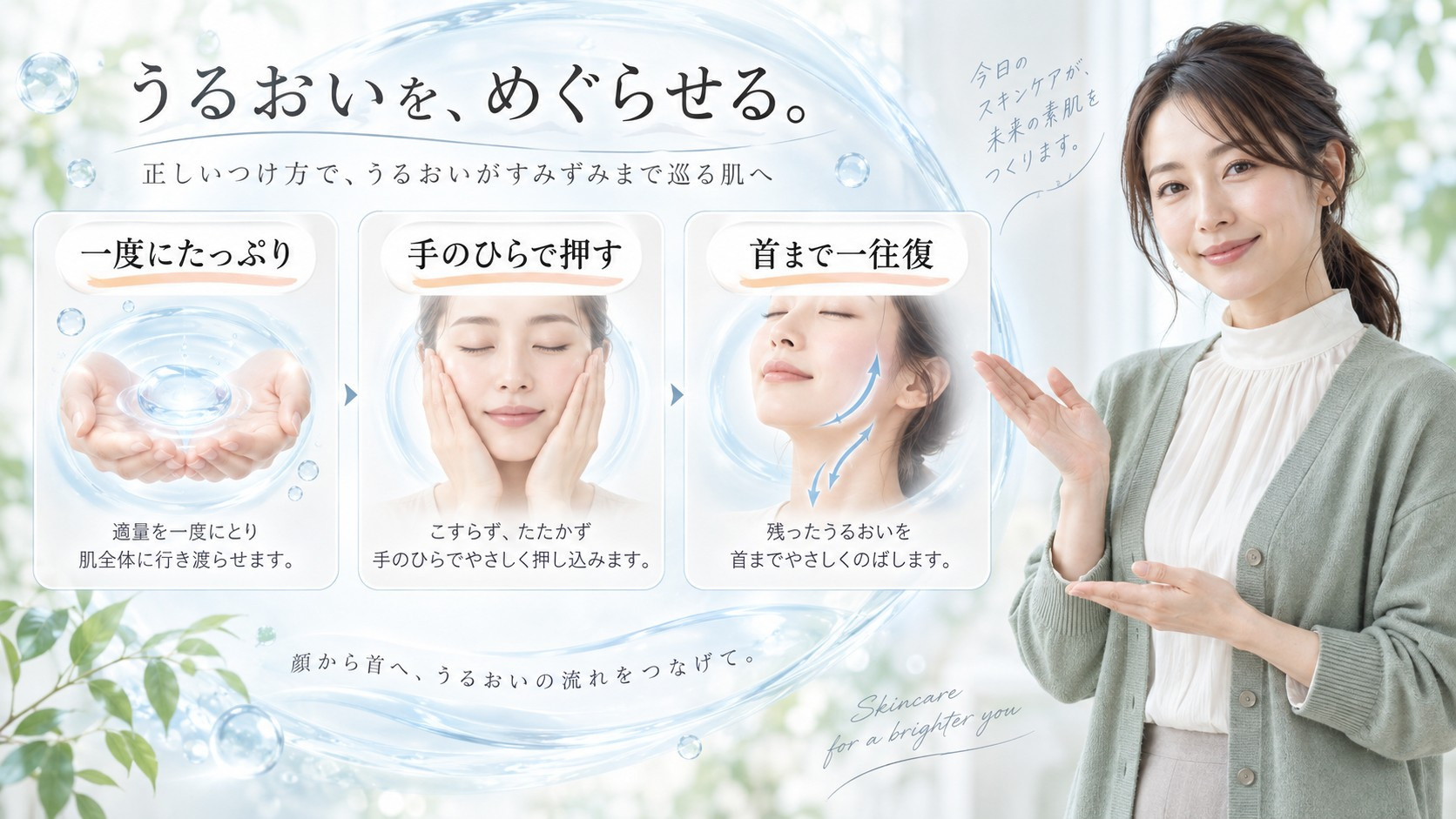 エリクシールブライトニング化粧水を一度にたっぷり取り手のひらで押して首まで伸ばす方法を示す横長Beauty Board