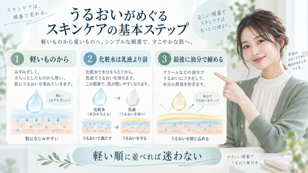 エリクシールブライトニング化粧水を乳液より前に置き軽い順に重ねる方法を示す横長Beauty Board