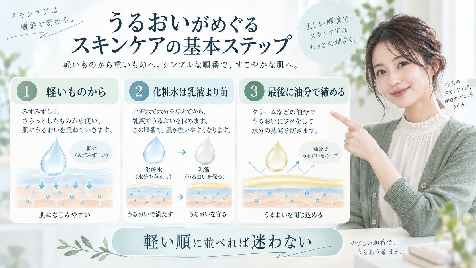 エリクシールブライトニング化粧水を乳液より前に置き軽い順に重ねる方法を示す横長Beauty Board