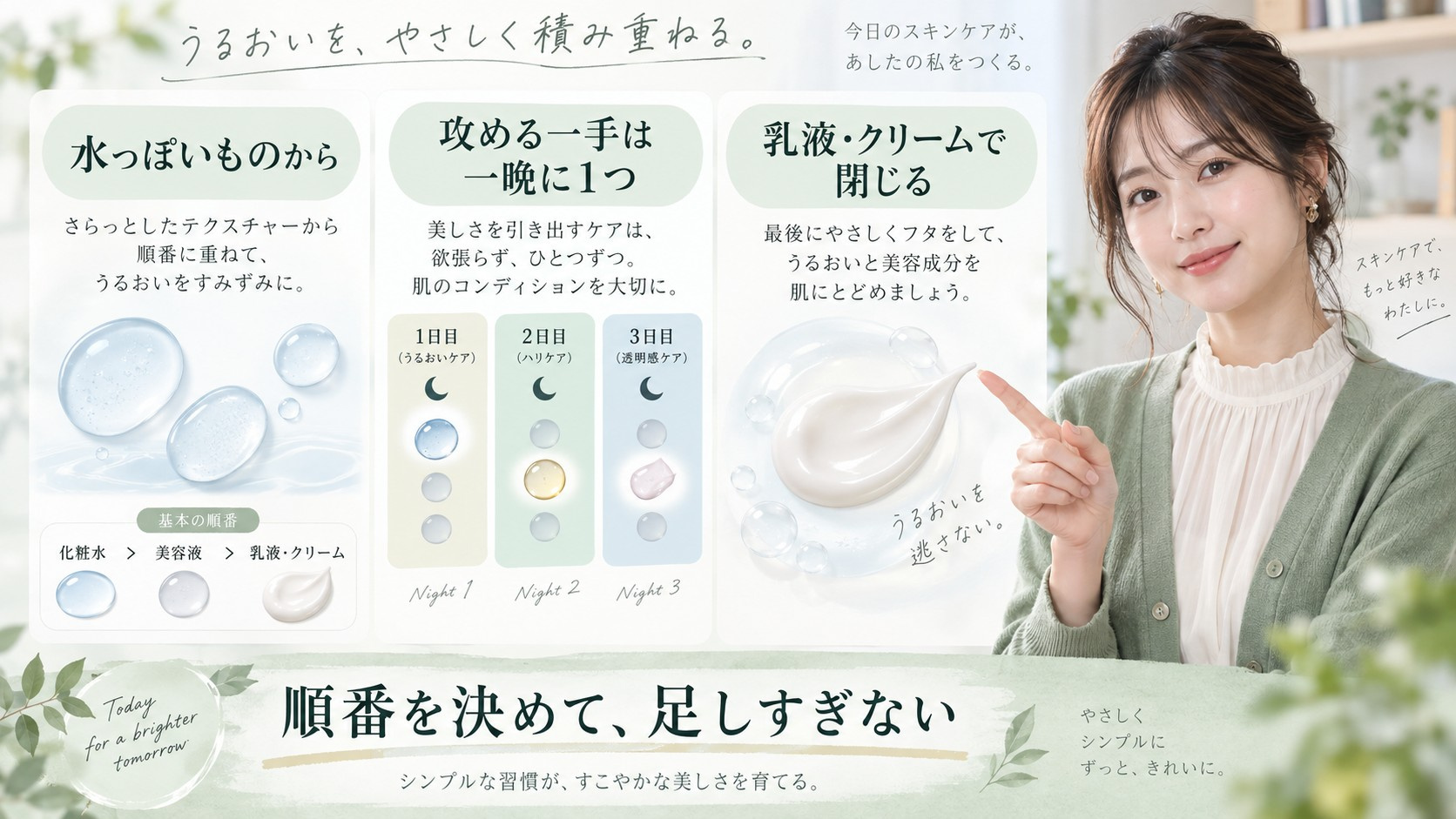 エリクシールブライトニングローションcaと美容液や乳液を水っぽい順に重ねる方法を示す横長Beauty Board