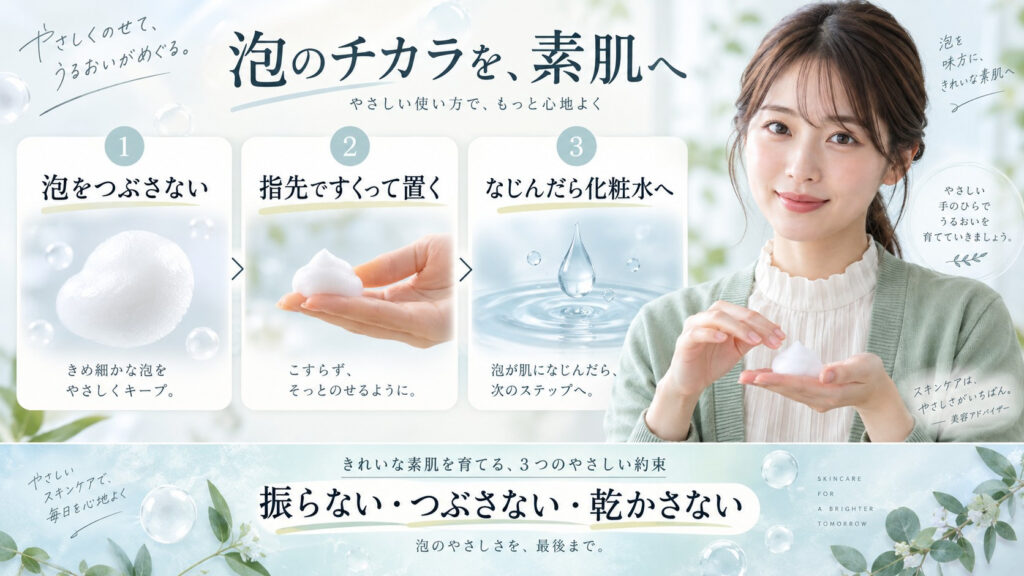 ESIENCEナノシープセラムの泡をつぶさず指先ですくって肌に置く使い方を示す横長Beauty Board