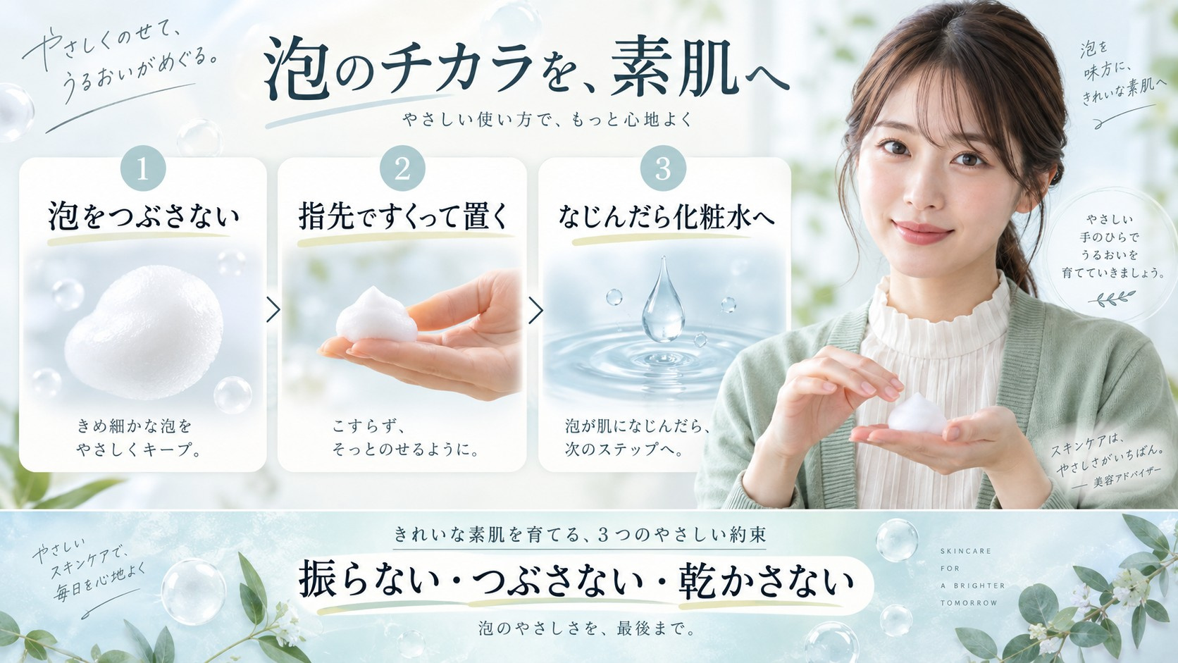ESIENCEナノシープセラムの泡をつぶさず指先ですくって肌に置く使い方を示す横長Beauty Board