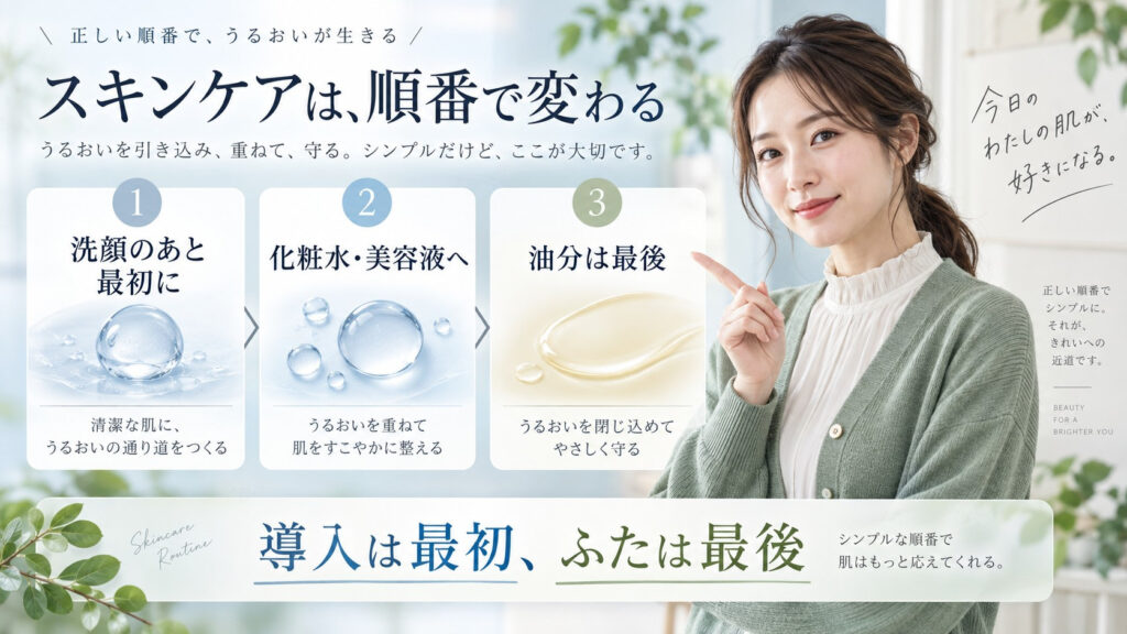 ESIENCEナノシープセラムを洗顔後に最初に使い油分を最後に置く順番を示す横長Beauty Board