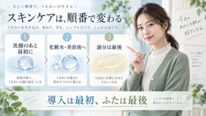 ESIENCEナノシープセラムを洗顔後に最初に使い油分を最後に置く順番を示す横長Beauty Board