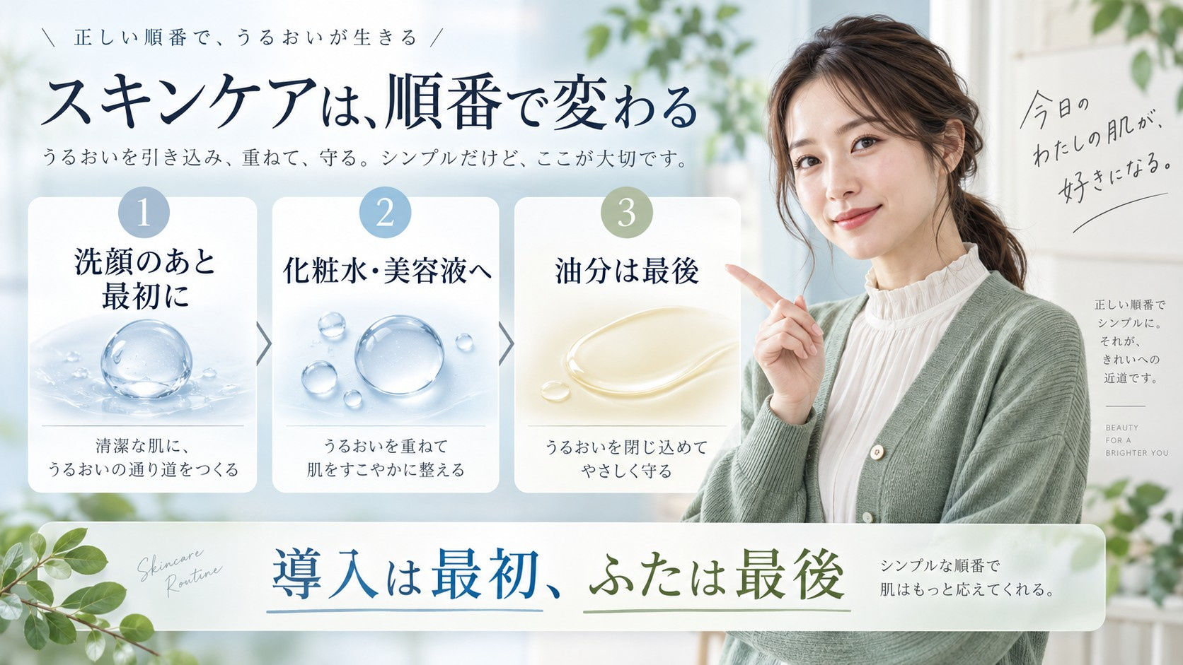 ESIENCEナノシープセラムを洗顔後に最初に使い油分を最後に置く順番を示す横長Beauty Board