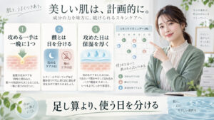 ESIENCEナノシープセラムと美容液や角質ケアを使う日を分ける併用方法を示す横長Beauty Board
