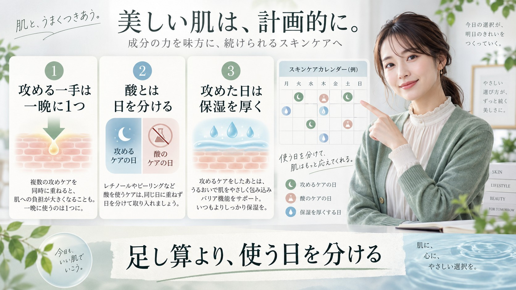 ESIENCEナノシープセラムと美容液や角質ケアを使う日を分ける併用方法を示す横長Beauty Board