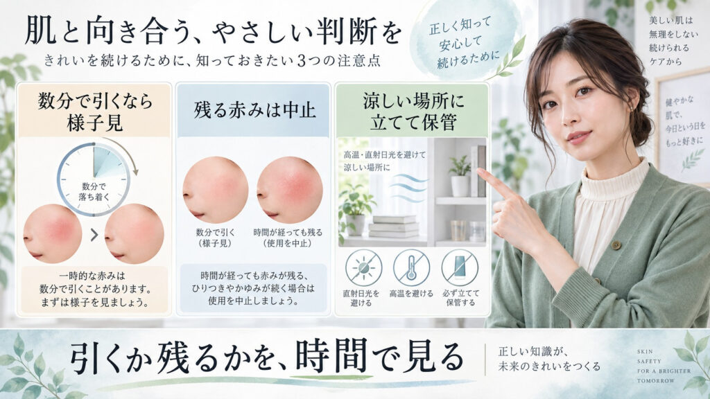 ESIENCEナノシープセラム使用後の赤みを時間で見分け缶を涼しい場所に立てて保管する注意点を示す横長Beauty Board