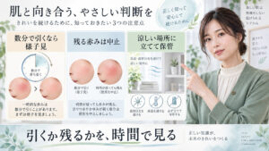 ESIENCEナノシープセラム使用後の赤みを時間で見分け缶を涼しい場所に立てて保管する注意点を示す横長Beauty Board