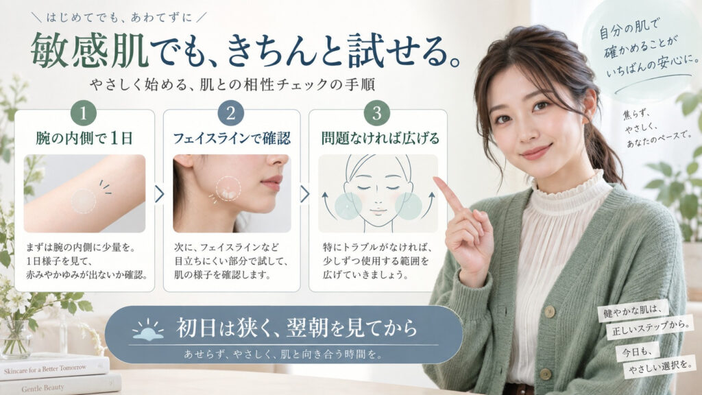 ESIENCEナノシープセラムを腕の内側からフェイスラインへ段階的に試す方法を示す横長Beauty Board