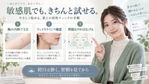 ESIENCEナノシープセラムを腕の内側からフェイスラインへ段階的に試す方法を示す横長Beauty Board