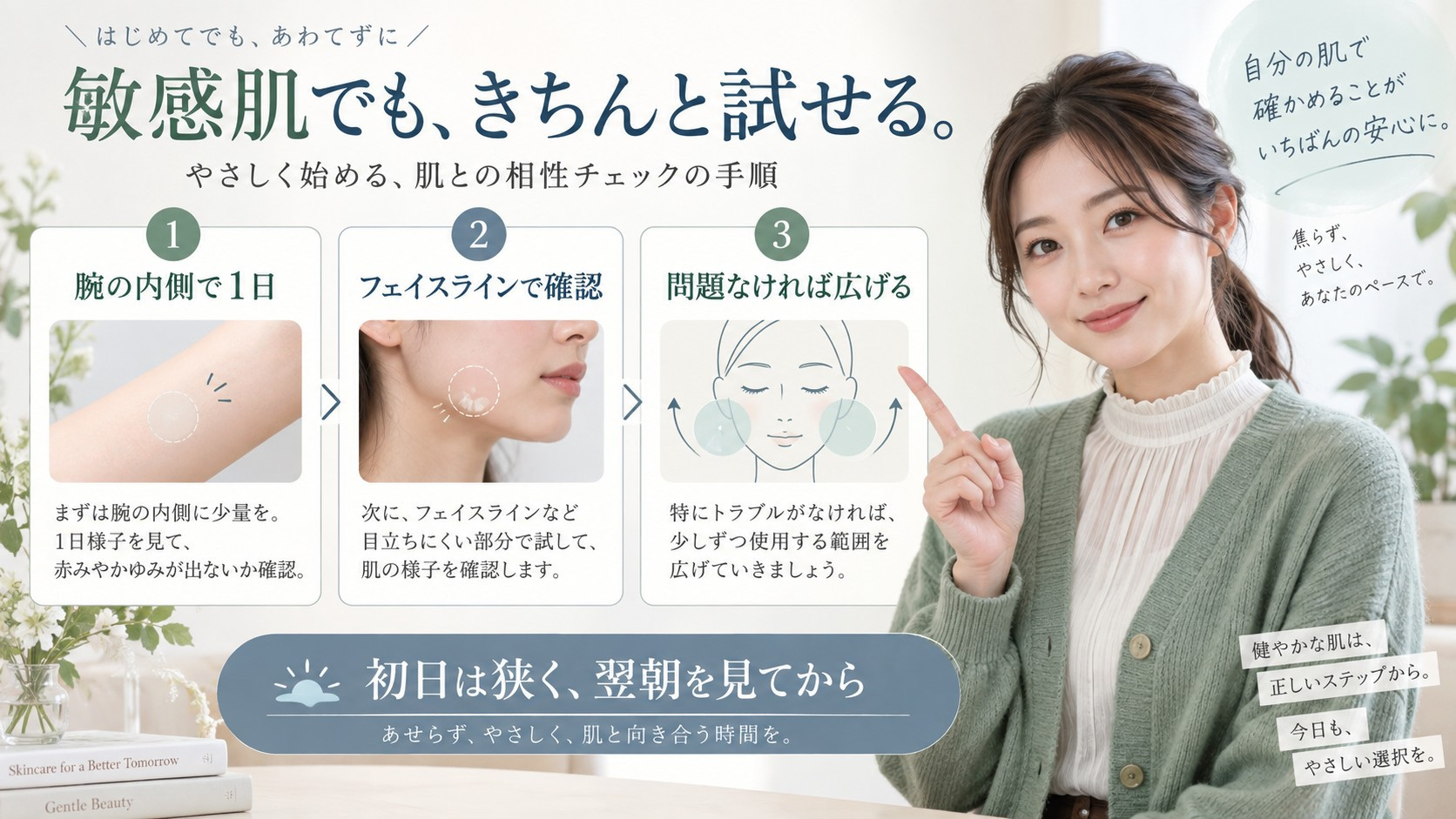 ESIENCEナノシープセラムを腕の内側からフェイスラインへ段階的に試す方法を示す横長Beauty Board