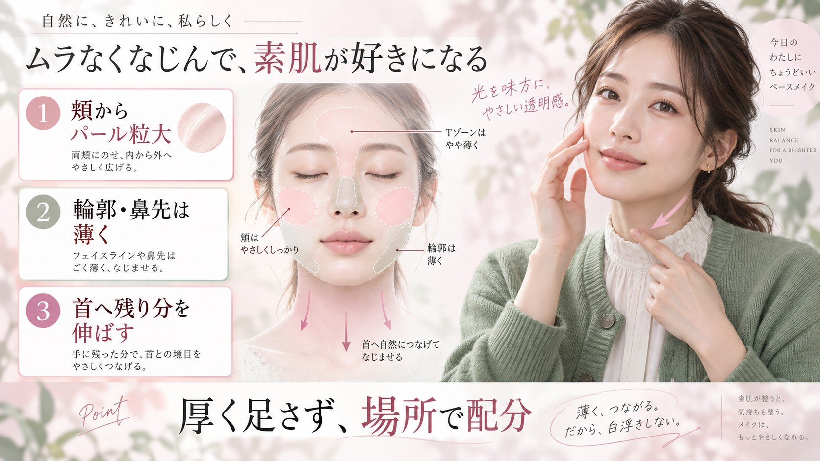 ラ ロッシュ ポゼ ローズ+を頬から薄く塗り首へ伸ばして白浮きを防ぐ厚みの配分を示す横長Beauty Board