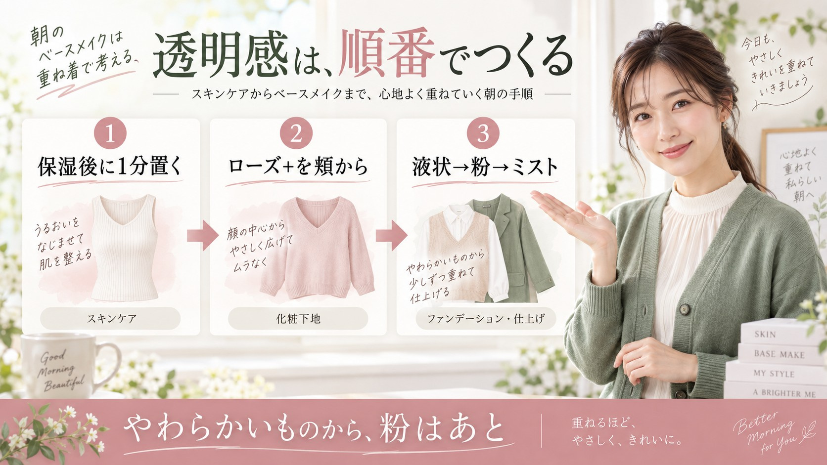 ラ ロッシュ ポゼ ローズ+を保湿後に塗り液状から粉とミストへ重ねる朝の順番を示す横長Beauty Board
