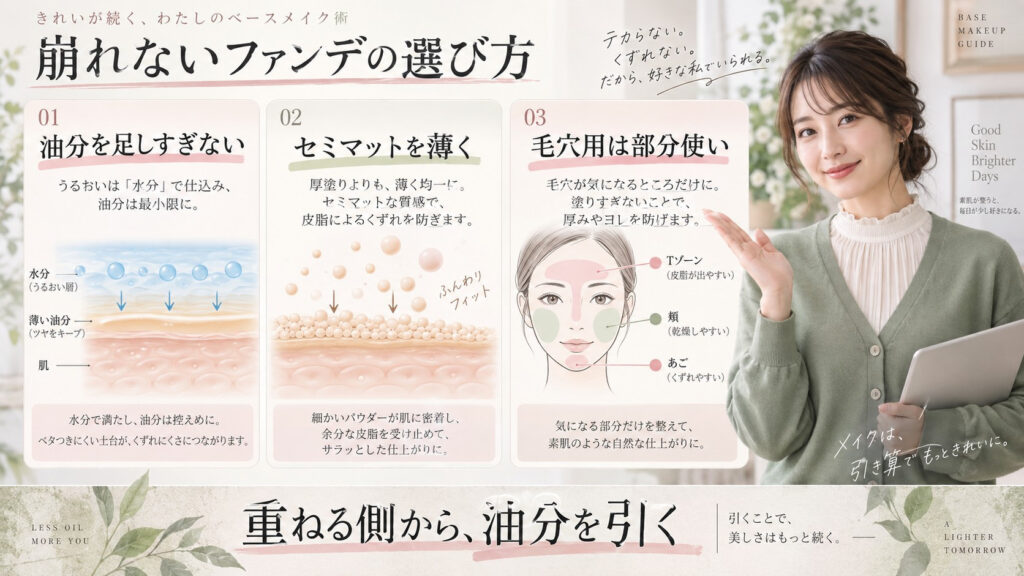 ラ ロッシュ ポゼ ローズ+に油分を足しすぎずセミマットを薄く重ねるファンデの組み合わせを示す横長Beauty Board