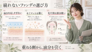 ラ ロッシュ ポゼ ローズ+に油分を足しすぎずセミマットを薄く重ねるファンデの組み合わせを示す横長Beauty Board