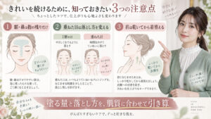 ラ ロッシュ ポゼ ローズ+の額と鼻を薄く塗り重ねた日はクレンジングを使う注意点を示す横長Beauty Board