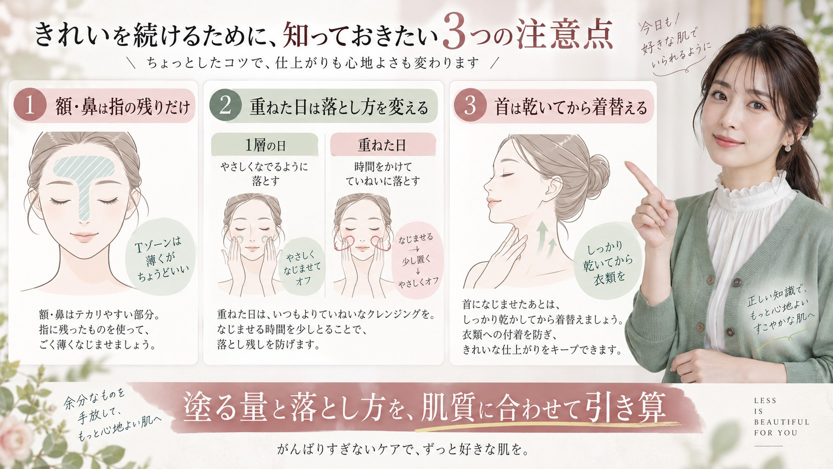 ラ ロッシュ ポゼ ローズ+の額と鼻を薄く塗り重ねた日はクレンジングを使う注意点を示す横長Beauty Board