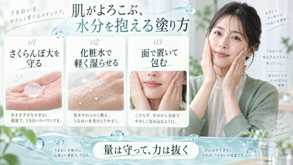 トリデン スージングクリームをさくらんぼ大取り化粧水で湿らせた肌に面で置く使い方を示す横長Beauty Board