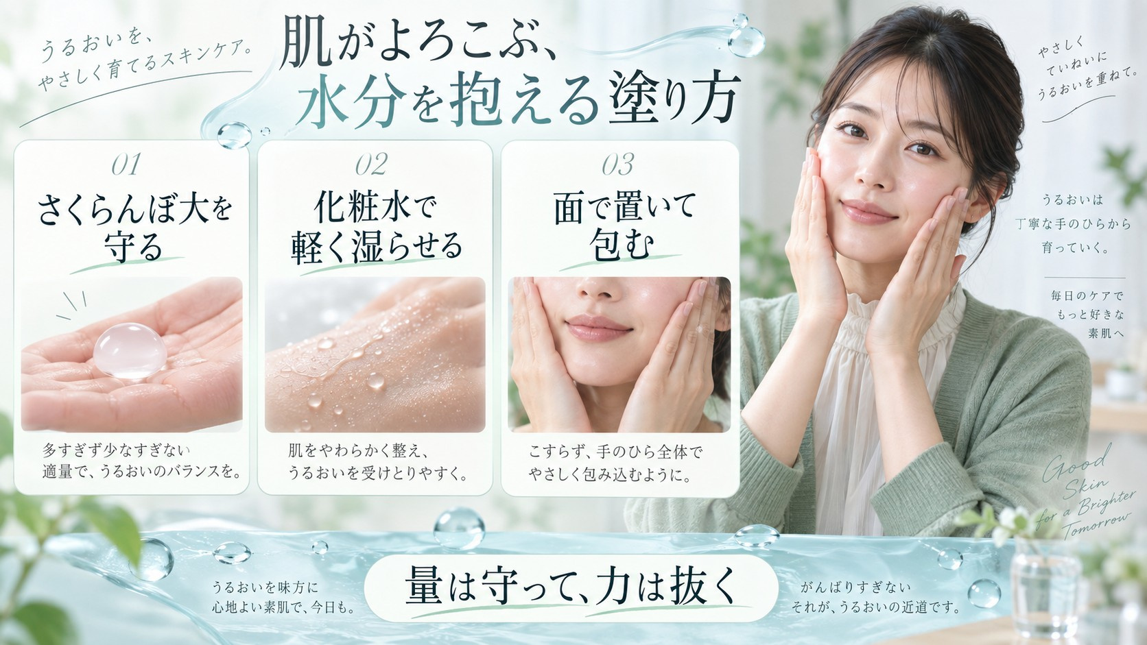 トリデン スージングクリームをさくらんぼ大取り化粧水で湿らせた肌に面で置く使い方を示す横長Beauty Board