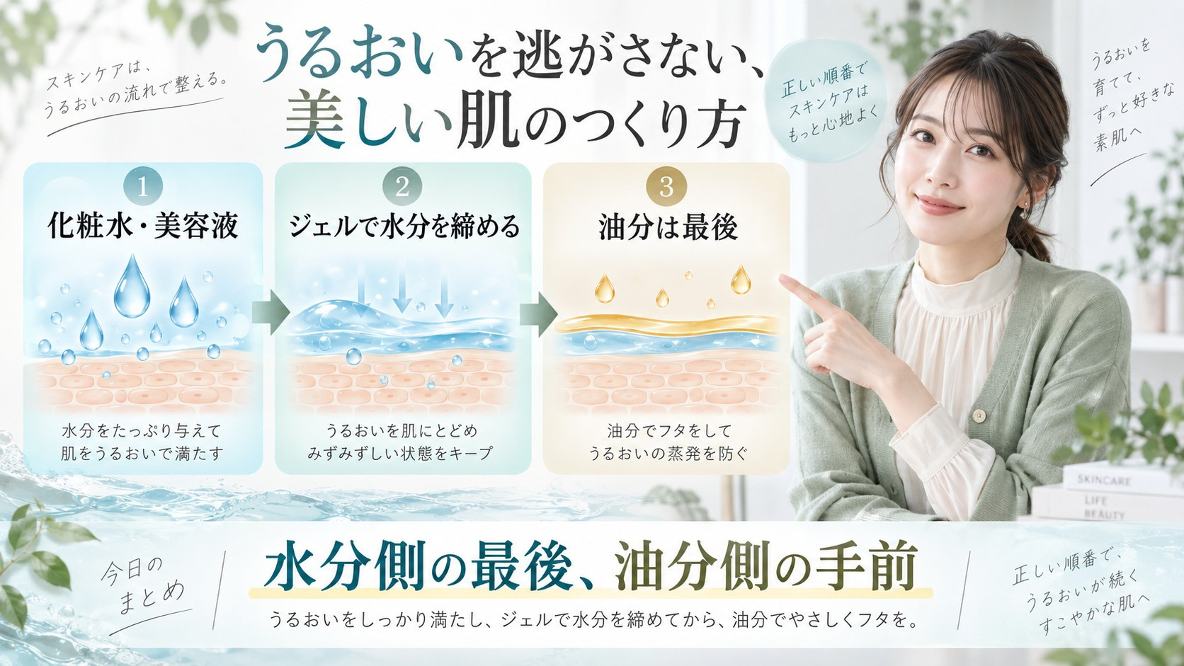 トリデン スージングクリームを化粧水と美容液の後、油分の前に置く順番を示す横長Beauty Board