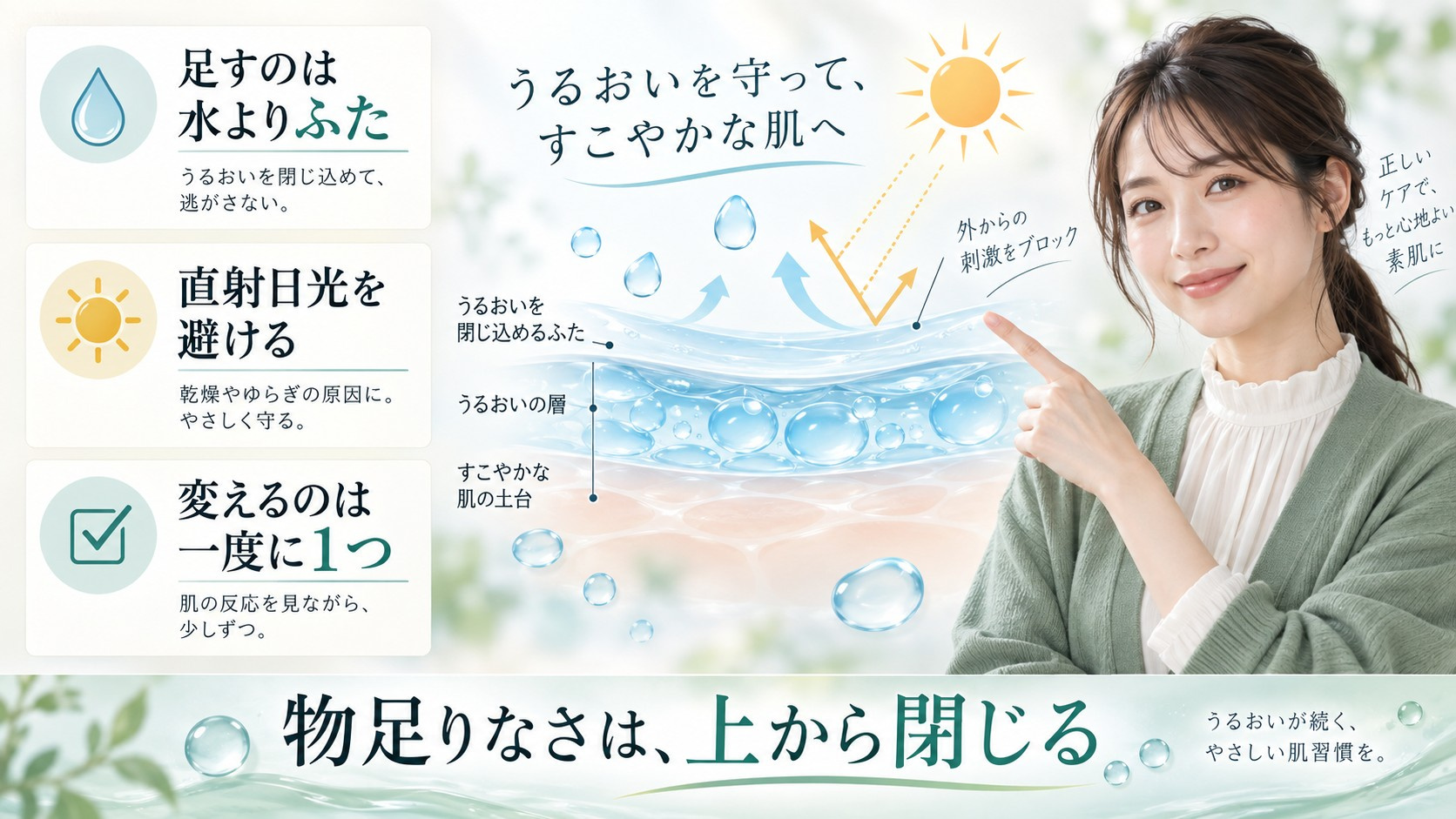 トリデン スージングクリームのつっぱりに上から油分のふたを足す注意点を示す横長Beauty Board