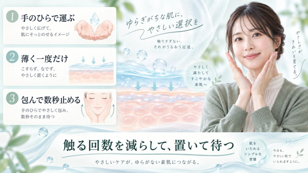 トリデン スージングクリームを敏感肌で手のひらから薄く置いて数秒待つ塗り方を示す横長Beauty Board