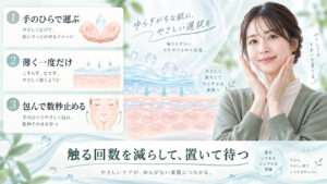 トリデン スージングクリームを敏感肌で手のひらから薄く置いて数秒待つ塗り方を示す横長Beauty Board