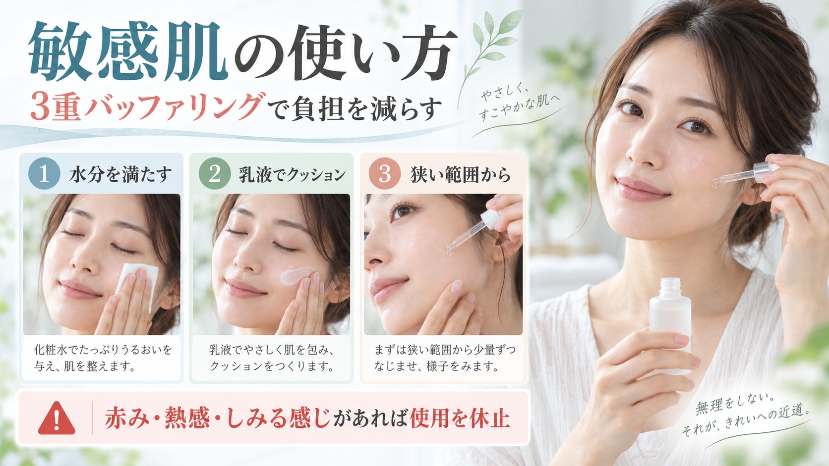敏感肌向けのKISO バランシングエッセンスAZ20の使い方を示す美容ボード