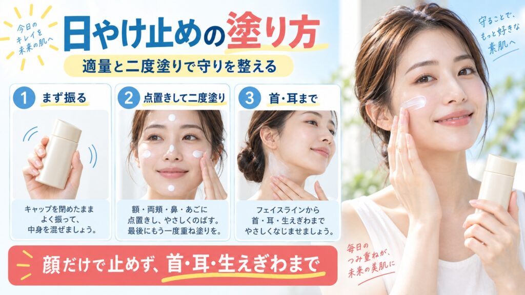 アネッサ パーフェクトUV ミルクNAの適量と塗り分けを示す美容ボード