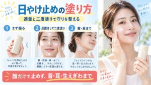 アネッサ パーフェクトUV ミルクNAの適量と塗り分けを示す美容ボード