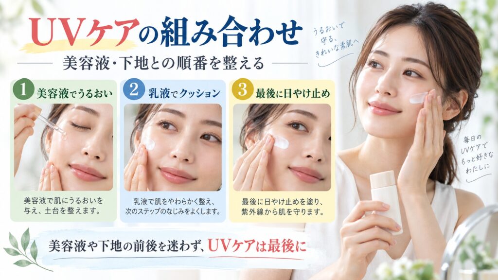 アネッサ パーフェクトUV ミルクNAと美容液・下地の組み合わせ順を示す美容ボード