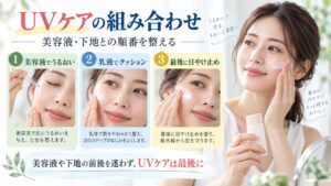 アネッサ パーフェクトUV ミルクNAと美容液・下地の組み合わせ順を示す美容ボード
