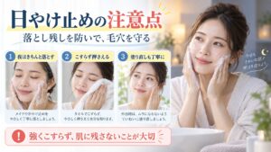 アネッサ パーフェクトUV ミルクNAの落とし方と毛穴への注意点を示す美容ボード