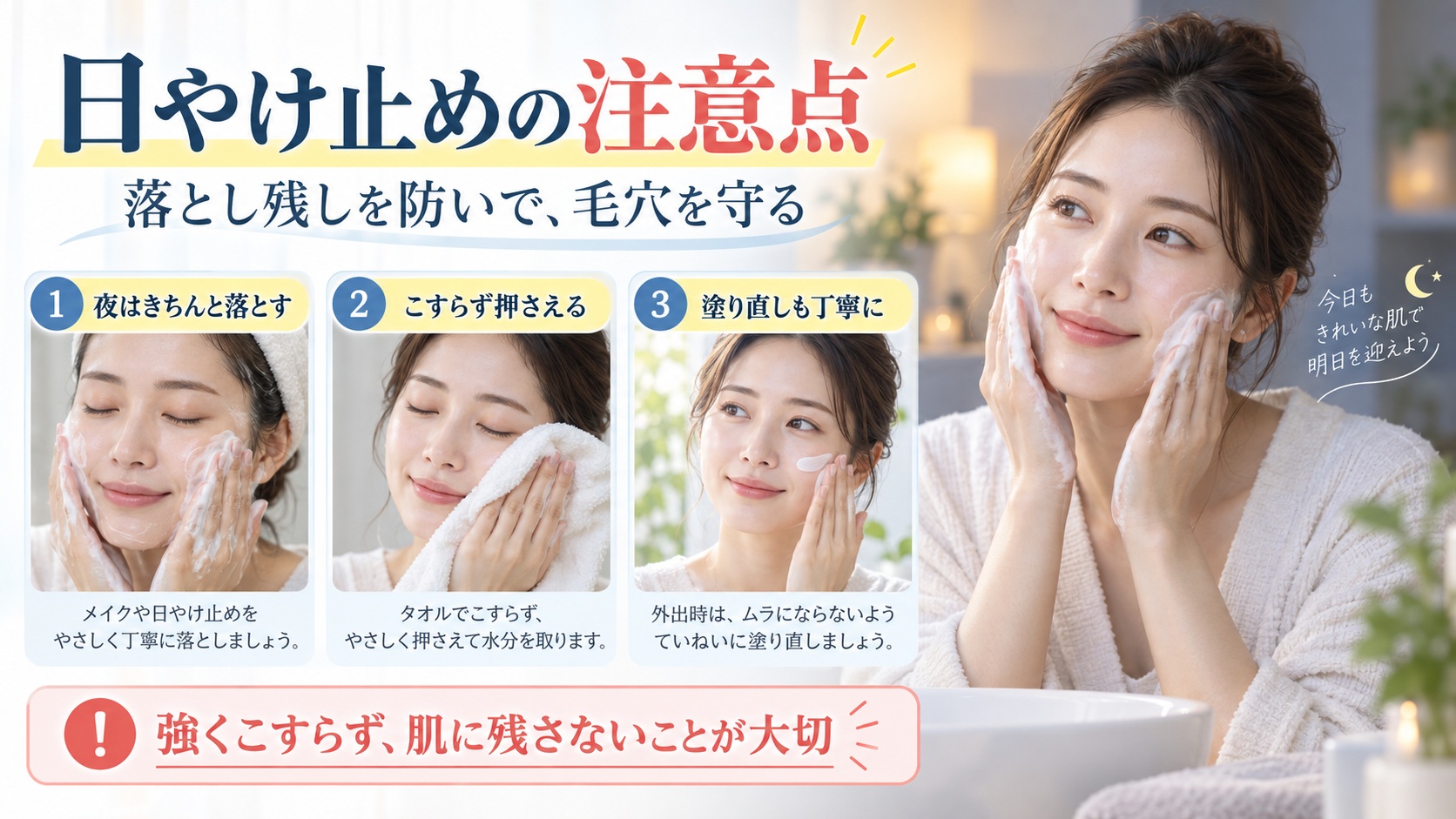 アネッサ パーフェクトUV ミルクNAの落とし方と毛穴への注意点を示す美容ボード