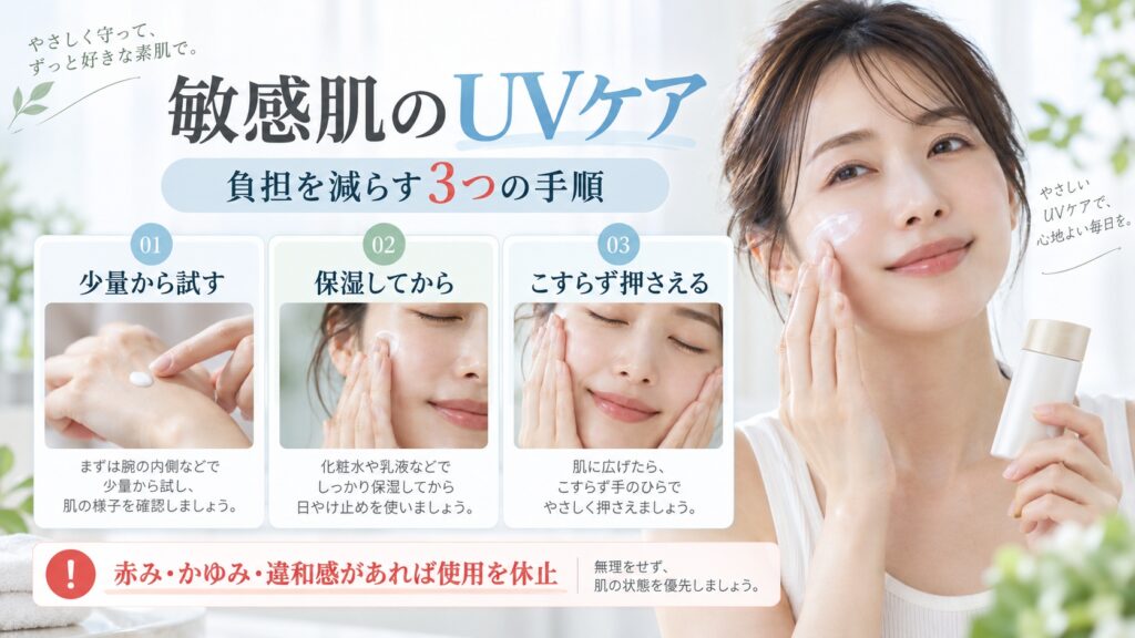 アネッサ スキンケアミルクNAを敏感肌で使う手順を示す美容ボード