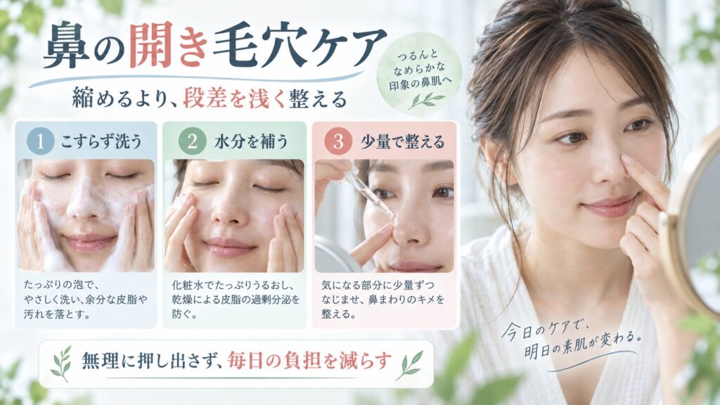 鼻の開き毛穴をこすらず整える手順を示す美容ボード