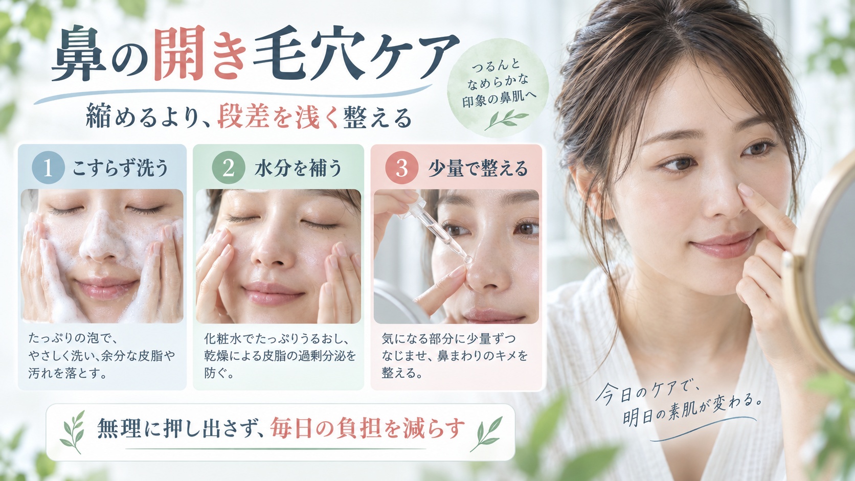 鼻の開き毛穴をこすらず整える手順を示す美容ボード